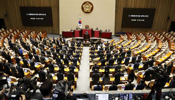 General view of lawmakers in the voting chamber during the plenary session for the impeachment vote of President Yoon Suk Yeol at the National Assembly in Seoul, South Korea on December 7, 2024. — Reuters