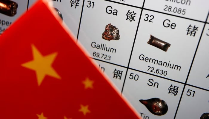 The flag of China is placed next to the elements of Gallium and Germanium on a periodic table, in this illustration picture taken on July 6, 2023. —Reuters