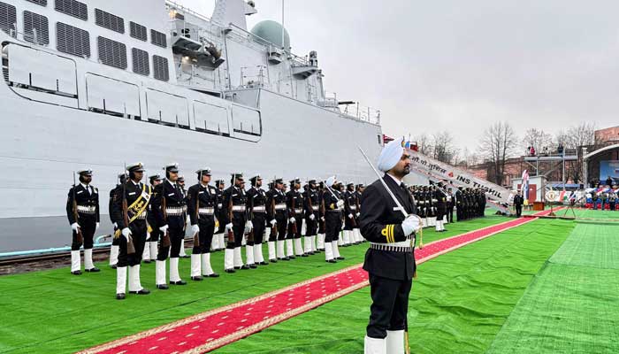 This handout photograph taken on December 9, 2024 shows Navy personnel gathered during the commissioning ceremony of Indias latest multi-role stealth guided missile frigate INS Tushil, in the Baltic port of Kaliningrad. — AFP /Indias Ministry of Defence