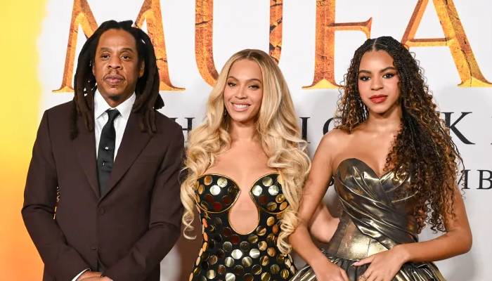 Jay-Z poses with Beyoncé and daughter Blue Ivy Carter at Mufasa premiere