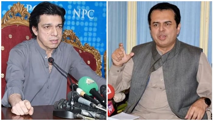 This collage shows Senators Faisal Vawda (left) and Talal Chaudhry during press conferences. — Online/APP/File