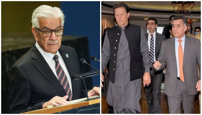 A collage showing Defence Minister Khawaja Asif (left) and former PM Imran Khan pictured alongside then-ISI chief Faiz Hamid. — Reuters/PMO/File