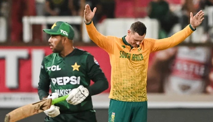 South Africas George Linde celebrates taking a wicket of Pakistans Usman Khan during the first T20I on December 10, 2024. — X/ProteasMenCSA