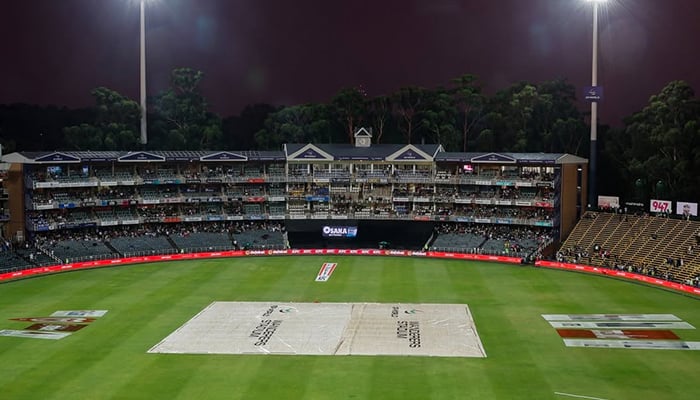 The pitch of the Wanderers covered amid heavy downpour in Johannesburg as the match between South Africa and Pakistan was called off due to rain without a ball being bowled on December 14, 2024. — Instagram/@therealpcb