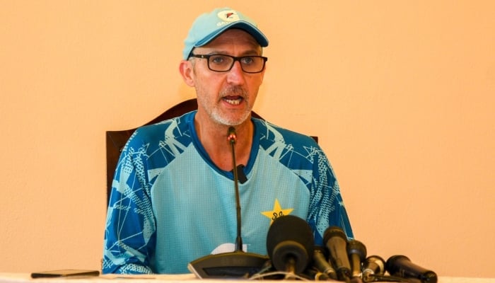 Former Pakistan red-ball coach Jason Gillespie speaks during a press conference. — X @TheRealPCB/File