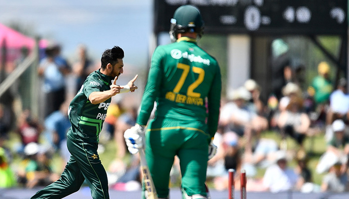 Pakistan bowler Salman Ali Agha celebrates a wicket during the first ODI against Pakistan at Boland Park, Paarl, on December 17, 2024. — Facebook/@CricketSouthAfrica