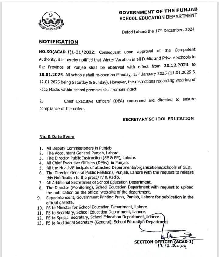 Punjab announces winter break for educational institutions