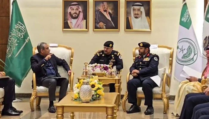 Interior Minister Mohsin Naqvi (left) meets King Fahd Security College Director General Major General Dr Ali Al-Daij on December 18, 2024. — APP