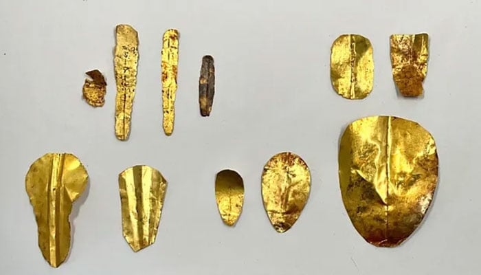 Image shows gold tongues and gold nails that were found at Oxyrhynchus, Egypt. — Egyptian Ministry of Tourism and Antiquities