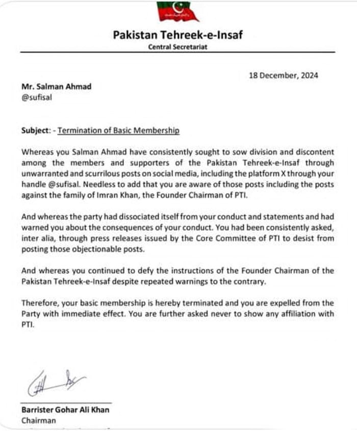 PTI terminates Salman Ahmads membership for scurrilous posts against Imrans family