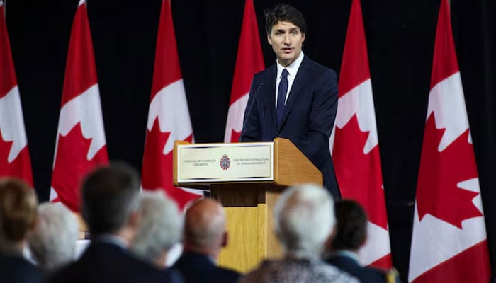 Canadas Prime Minister Justin Trudeau speaks at a change of command ceremony where General Jennie Carignan replaces General Wayne Eyre as the Canadian Armed Forces new chief of defence staff, in Ottawa, Ontario, Canada July 18, 2024. — Reuters