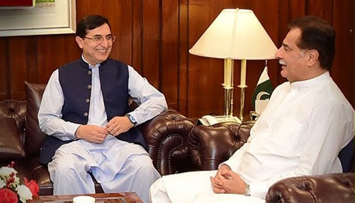 PTI Chairman Barrister Gohar Ali Khan and NA Speaker Ayaz Sadiq pictured during a meeting in this undated image. — X@NAofPakistan