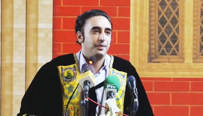 Pakistan Peoples Party (PPP) Chairman Bilawal Bhutto-Zardari addresses the Sindh University convocation on December 23, 2024. — X/@MediaCellPPP/screengrab