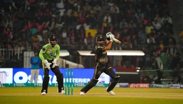 Peshawar Zalmis skipper Babar Azam plays a shot during a Pakistan Super League match in this undated photo. — PCB