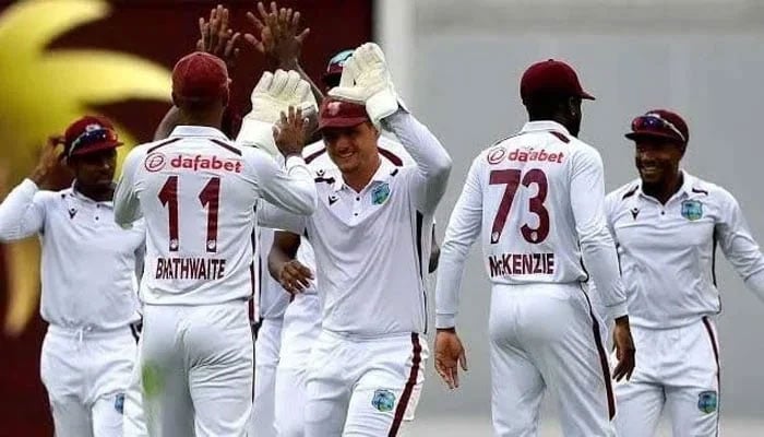 West Indies cricket team celebrating their victory. -X/@ProCricketPK