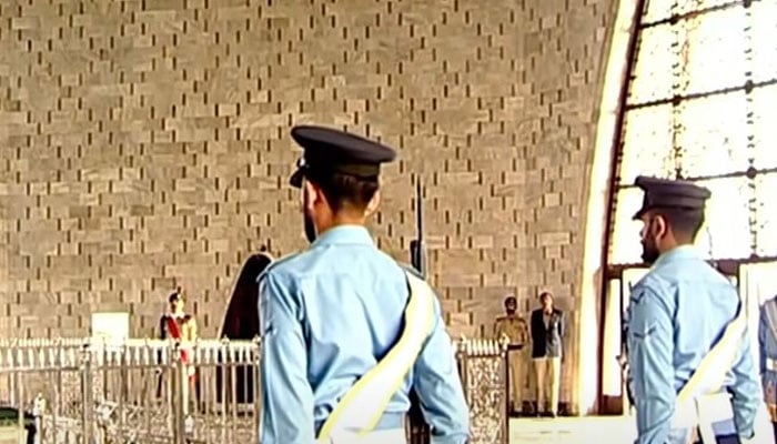 Cadets take part in a change of guard ceremony at the Mazar-e-Quaid Mausoleum in this still taken from a video on December 25, 2024. — YouTube/Geo News Live