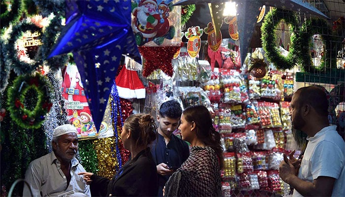 Christmas belongings items are being selling in connection of the Christmas Celebrations ceremony coming ahead, at Saddar Bohri Bazar in Karachi on Tuesday, December 24, 2024. — PPI