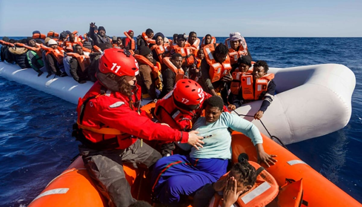 Members  of the Spanish NGO Maydayterraneo prepare to sail back to the Aita Mari rescue boat with around 90 migrants in February, 200. — AFP