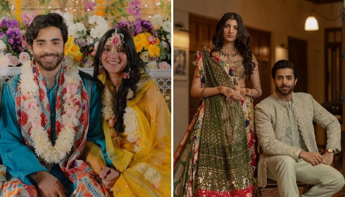 On the left is a picture of Maheen Siddiqui and Shehryar Munnawar on their mayoun night whereas on the right side is a picture of the couple from a music festivity. — Instagram/@maheenhsiddiqui/@sheheryarmunawar