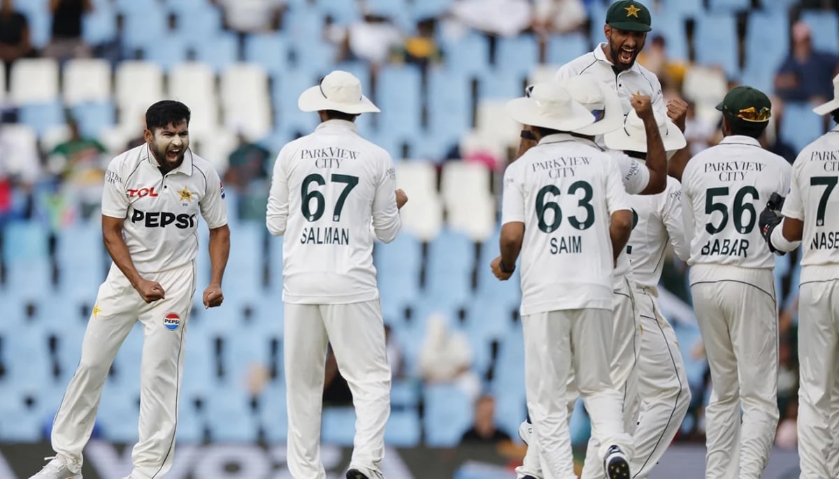 Overjoyed Pakistani players pictured after Khurram Shahzad (L) dismissed Ryan Rickelton on the third day of the first Test on December 28, 2024 at the SuperSport Park, Centurion. — AFP