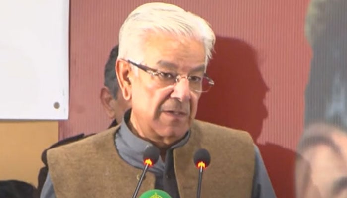 Defence Minister Khawaja Asif addressing a ceremony in Lahore on Saturday, December 28, 2024. — YouTube screengrab/Geo News Live