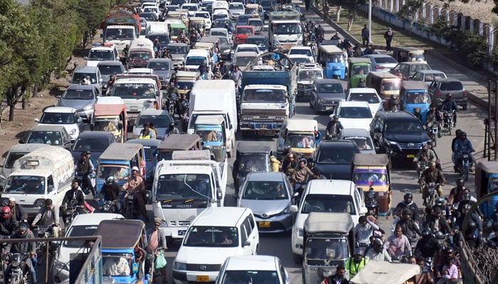 A view of massive traffic jam at Karachis Sharea Faisal at Drigh Road, due to MWM sit-in protest on December 28, 2024. — Online