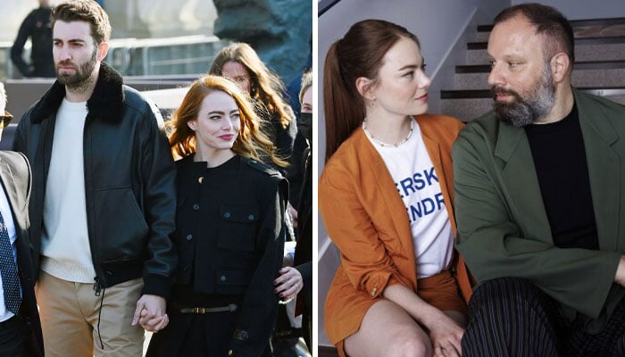 Left: Emma Stone with husband Dave McCary. Right: Emma Stone and Yorgos Lanthimos