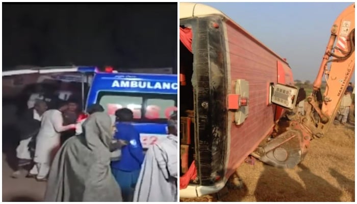 This collage shows passenger bus overturned on M-14 Motorway near Punjabs Fateh Jang (right) while other picture shows rescue workers shifting wounded passengers to hospital in Sindhs Naushahro Feroze. — Reporter/Screengrab via Geo News