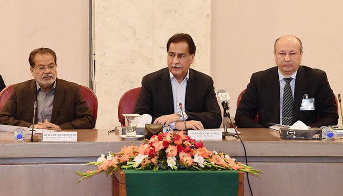 National Assembly Speaker Ayaz Sadiq (center) chairs the first meeting of the negotiations committee between the government and the PTI in Islamabad on December 23, 2024. — X/@NAofPakistan