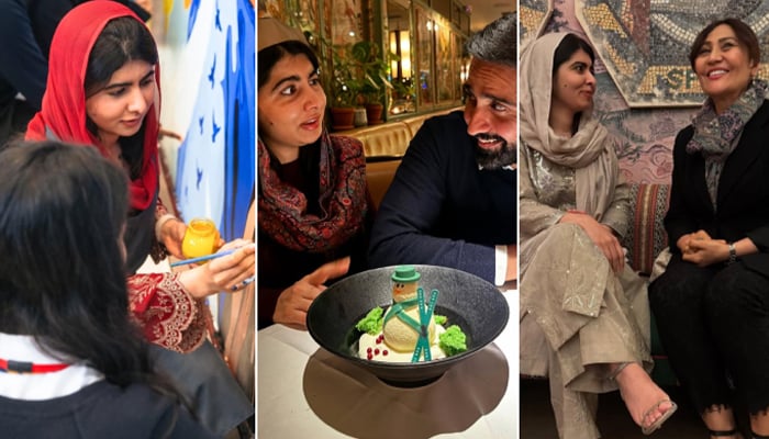 A combo of Malala Yousafzai painting, with her husband in a restaurant and the activist pictured at an event. — Instagram/@malala