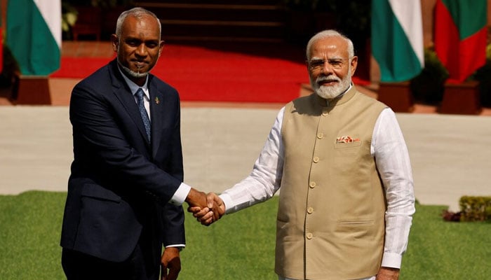 Maldives President Mohamed Muizzu shakes hands with Indian Prime Minister Narendra Modi at Hyderabad House, New Delhi, India, October 7, 2024. — Reuters