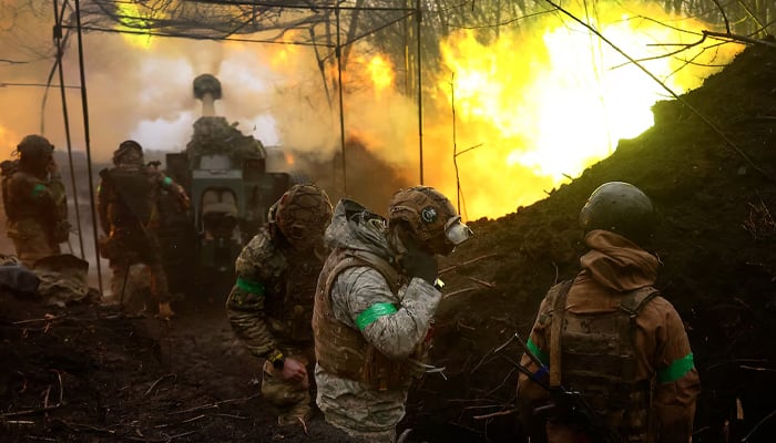 Ukrainian artillery fires towards the front line during heavy fighting near Bakhmut, April 13, 2023. — Reuters