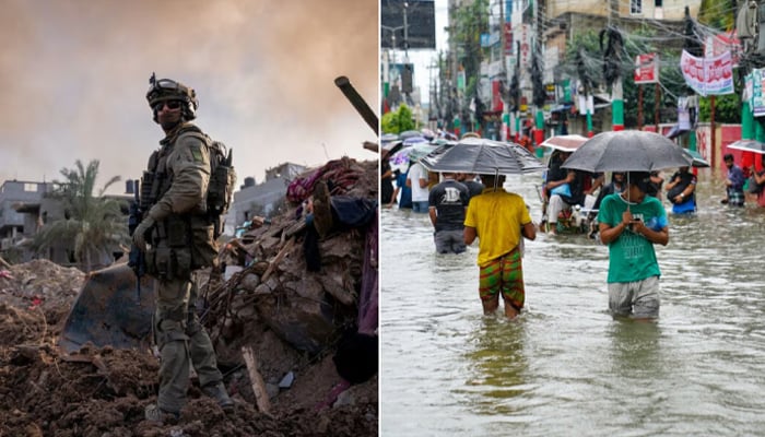 An Israeli soldier operates in the Gaza Strip (L) and People carrying umbrellas, wade through a flooded street amid rainfall in Feni. — Reuters/AFP/File