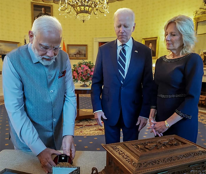 Indian PM Narendra Modi gifts to the US First Lady Jill Biden a lab-grown 7.5-carat green diamond in the presence of the US President Joe Biden at the White House on June 22, 2023. — Reuters