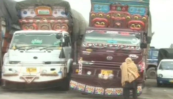 Trucks, part of relief convoy en route to Kurram, can be seen on January 4, 2025. — Screengrab via Geo News