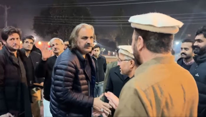 Khyber Pakhtunkhwa Chief Minister Ali Amin Gandapur arrives at CMH Peshawar to inquire after the injured in the Bagan firing incident on January 4, 2025. — Screenshot via Facebook@AliAminKhanGandaporPTI