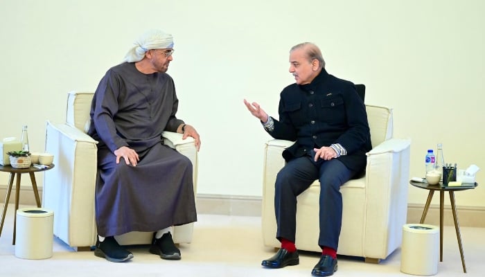 PM Shehbaz Sharif meets UAE President Sheikh Mohammad bin Zayed Al Nahyan in Rahim Yar Khan on January 5, 2025.  — PMO