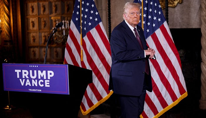 US President-elect Donald Trump looks on, on the day he makes remarks at Mar-a-Lago in Palm Beach, Florida on January 7, 2025. — Reuters