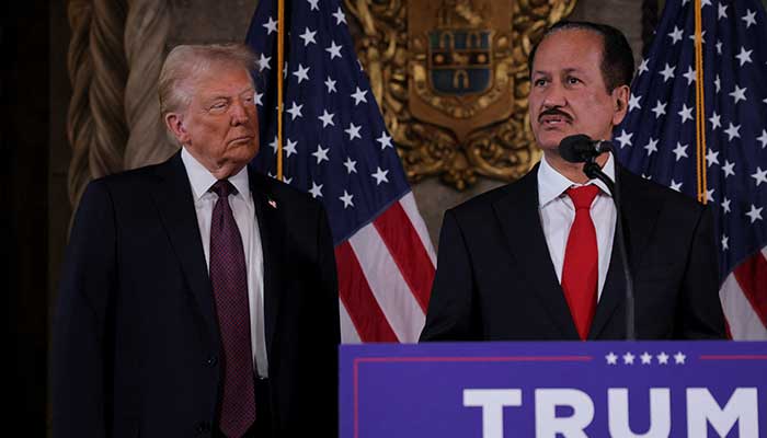 President-elect Donald Trump listens as Hussain Sajwani, CEO of DAMAC Properties, speaks during a news conference at Mar-a-Lago, Tuesday, Jan 7, 2024, in Palm Beach, Florida, US. — Reuters