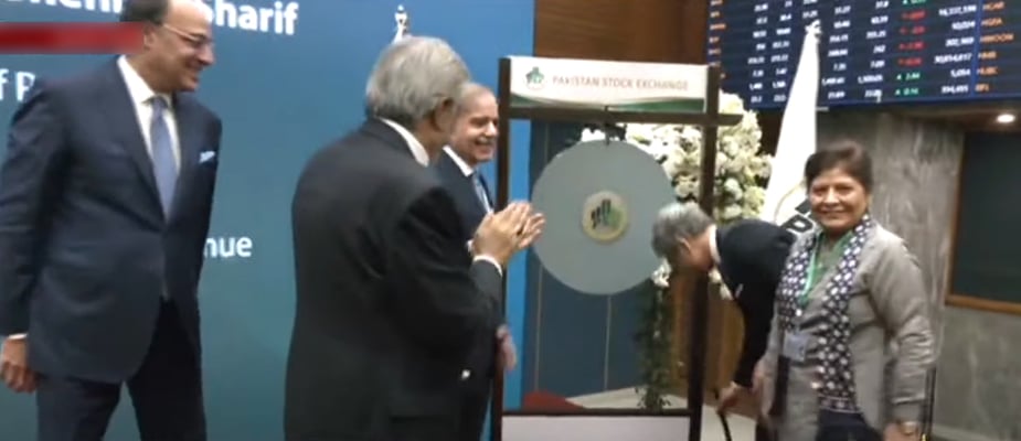 Prime Minister Shehbaz Sharif participates in the gong ceremony at the PSX in Karachi, on January 8, 2025. — Screengrab/GeoNews