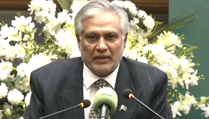 Deputy Prime Minister Ishaq Dar speaks during an event at the PSX in Karachi, on January 8, 2025. — Screengrab/GeoNews