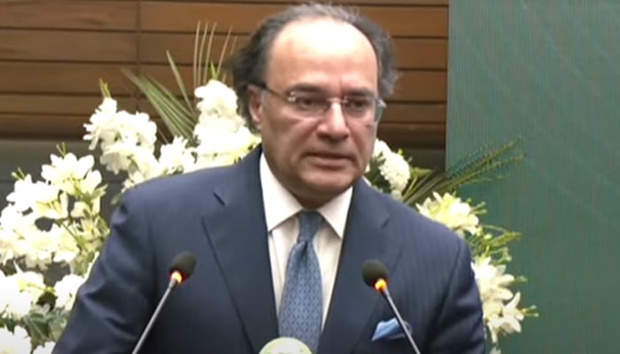 Finance Minister Muhammad Aurangzeb speaks during an event at the PSX in Karachi, on January 8, 2025. — Screengrab/GeoNews