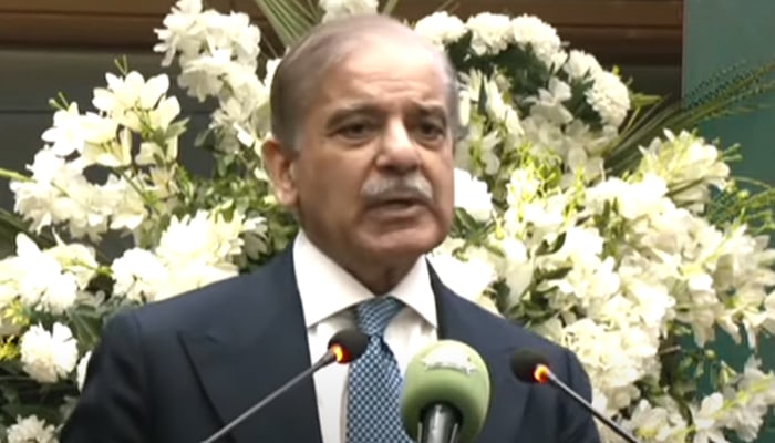 Prime Minister Shehbaz Sharif speaks during an event at the PSX in Karachi, on January 8, 2025. — Screengrab/GeoNews