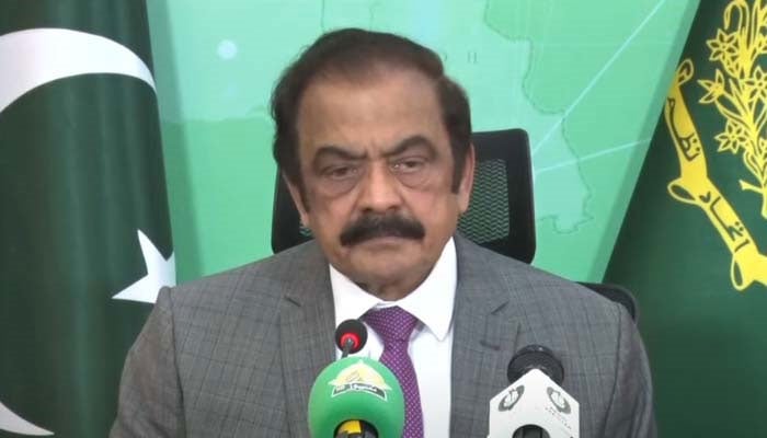 Adviser to the Prime Minister on Political and Public Affairs Rana Sanaullah addresses a press conference on January 8, 2024. — Screengrab via Geo News