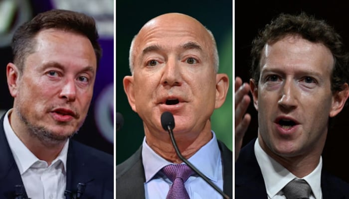 A combo of Tesla and SpaceX CEO Elon Musk (L) followed by Amazons Jeff Bezos and Metas Mark Zuckerberg. — Reuters/File