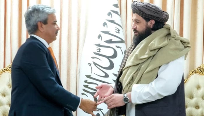 This representational image shows Taliban Defense Minister Mohammad Yaqoob (right) meets with visiting Indian point-person for Afghanistan, Jitender Pal Singh, in Kabul. — Taliban ministry/File