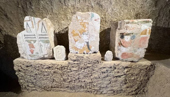 An artefact is displayed inside the tomb of Jehuti-Mes, that was discovered by archaeologists from the Ministry of Tourism and Antiquities along with the staff of Zahi Hawass archaeological and heritage mission, near the Queen Hatshepsut Valley Temples in Deir El-Bahari on the Niles west bank in Luxor, Egypt, January 8, 2025. — Reuters