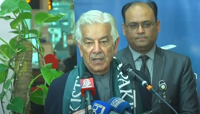 Minister for Defence Khawaja Asif addresses ceremony in Islamabad after the first PIA flight took off for Paris on January 10, 2024. — YouTube/Geo News Live