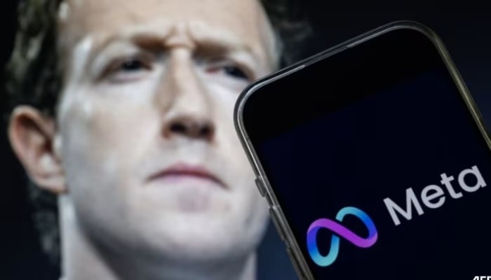 This photo illustration shows an image of Mark Zuckerberg, CEO of Meta, and an image of the Meta logo. — AFP