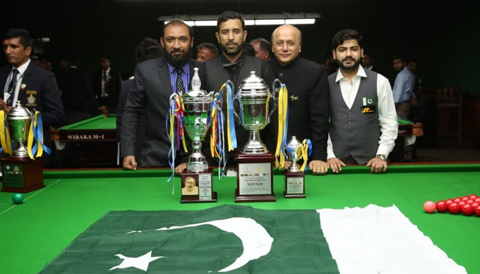 Pakistans Mohammad Asif posing with the trophies after winning the 3rd SAARC Snooker Championship which he won by defeating Sri Lanka’s Thaha Irshath on January 10, 2025. — Reporter